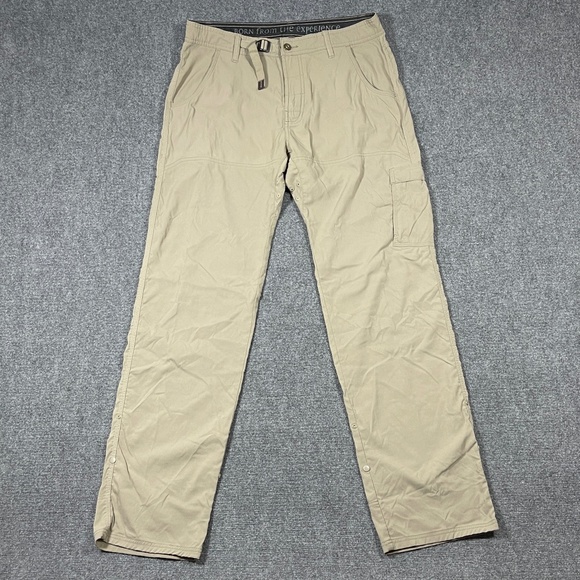 Prana Stretch Zion Straight Pants Hiking Belted Roll Up Mens 34x36 Beige 0915 - Picture 1 of 13